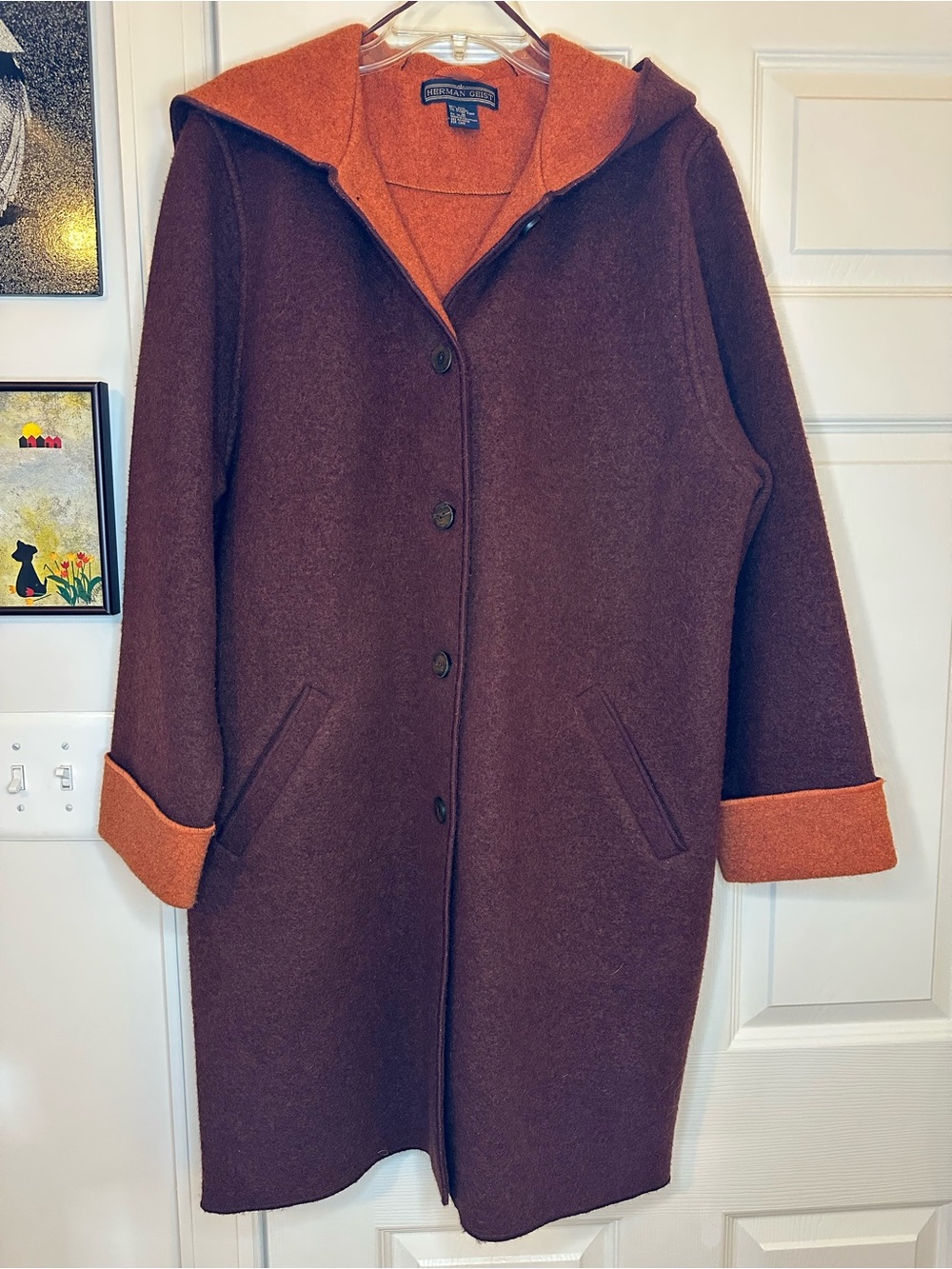 Herman Geist 100% Wool Reversible Hooded Long Coat Brown Rust M